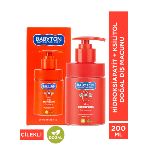 Babyton Kids Toothpaste Hydroxyapatite- Xylitol Pompalı Doğal Çilekli Diş Macunu 200 ml - Babyton