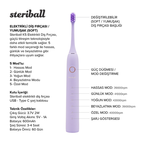 Steriball Elektrikli Diş Fırçası - Lila - 3